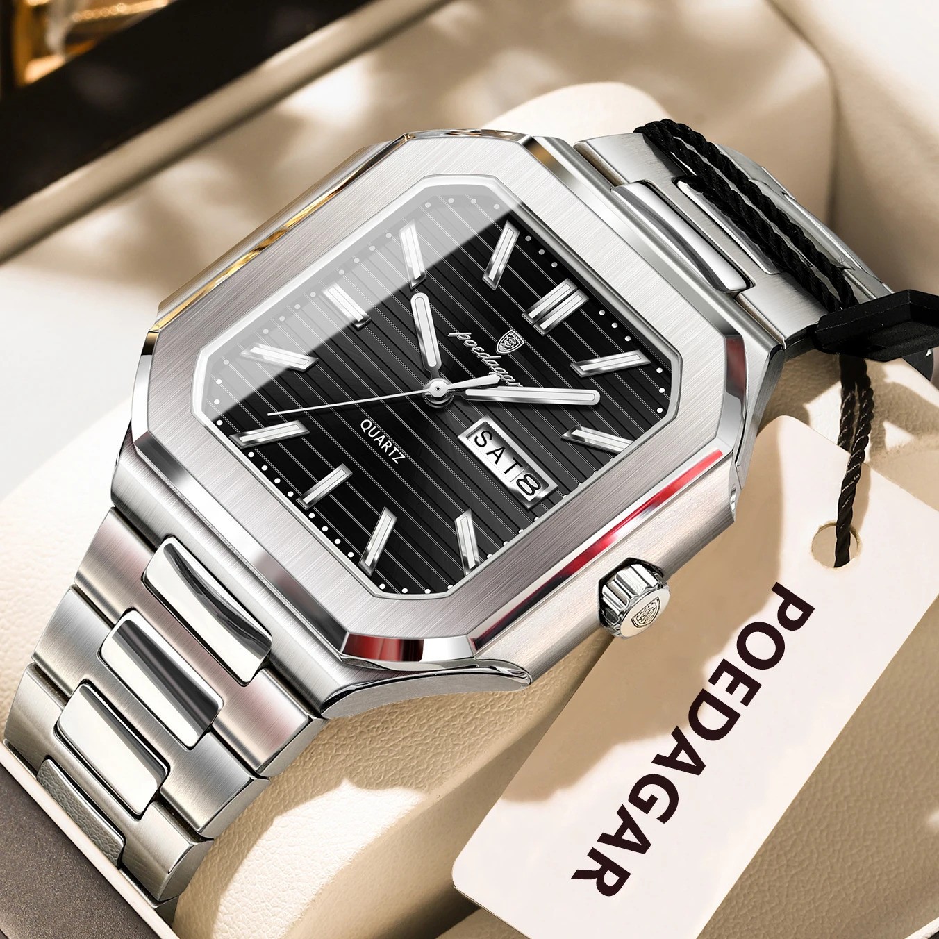 POEDAGAR Men’s Square Quartz Watch Stainless Steel Waterproof Luminous Day Date