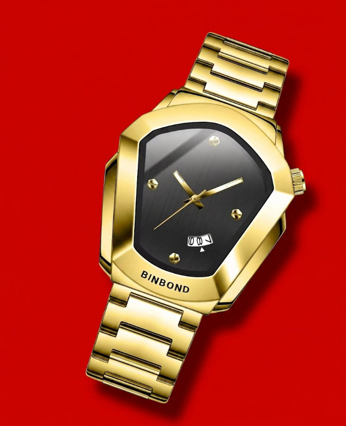 Men’s Mechanical Black Jewel Dial Watch Automatic Winding Gold Gloss Wristwatch