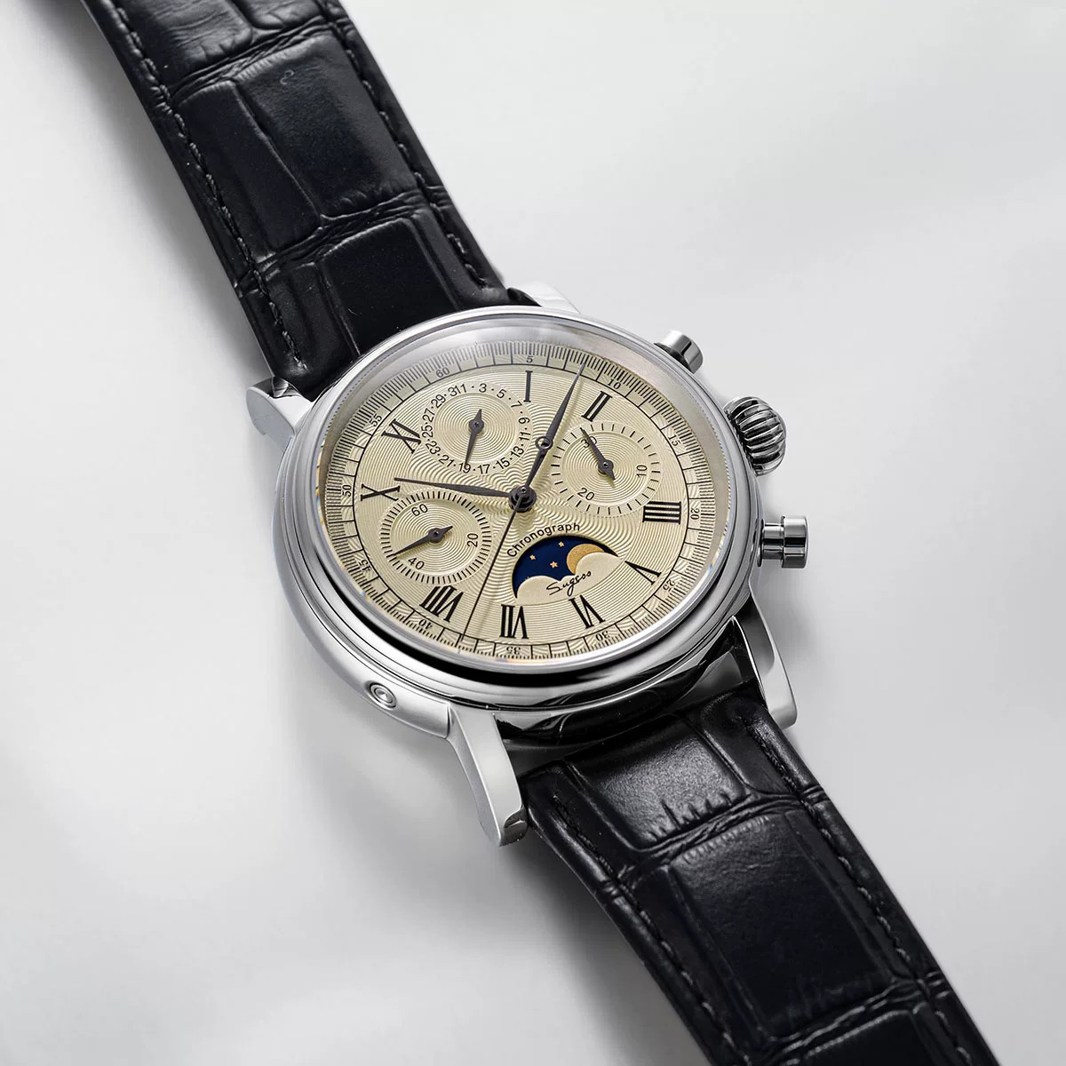 Seagull 1963 Sugess Gold SWAN NECK MoonPhase Master Chronograph Watch New