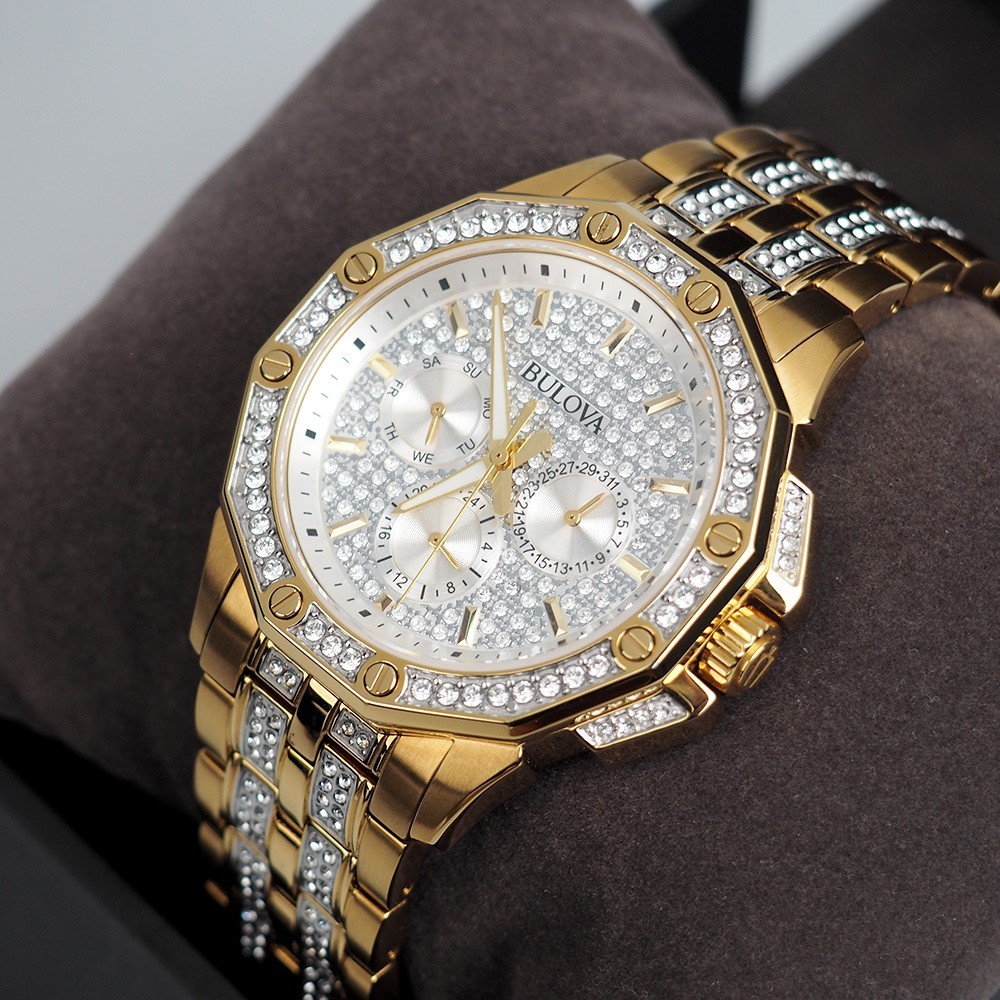 Men’s Bulova Octava Crystal Gemmed Dial Gold Stainless Steel Quartz Watch 98C126