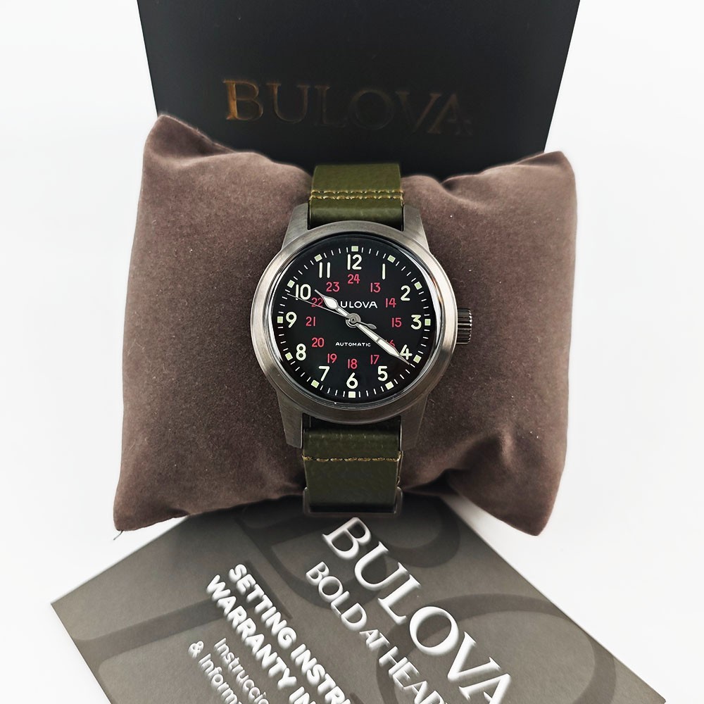 Bulova Hack 98A255 Black Dial Green Leather Strap Automatic Men’s 38MM Watch NEW
