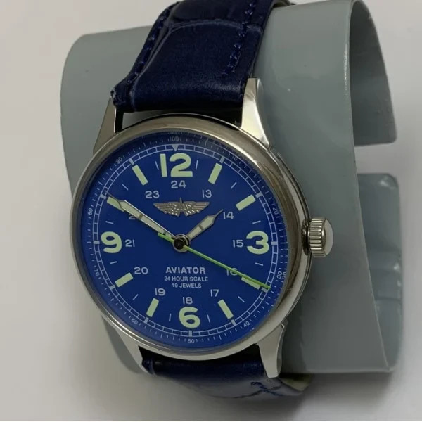 Aviator 24 Hour Scale Blue Dial Manual Mechanical Men’s Pilot Watch 19 Jewels