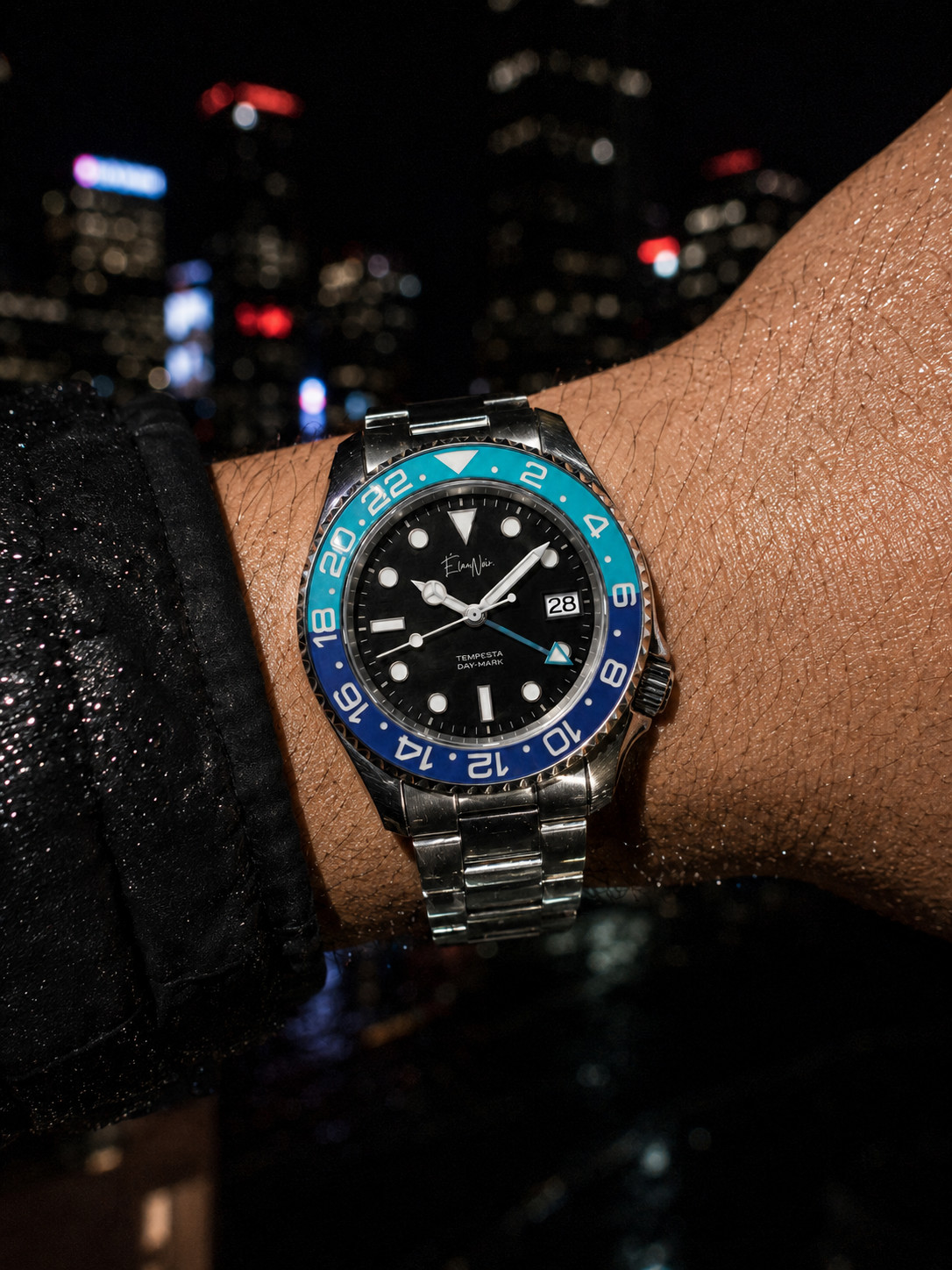 Élan Noir Tempesta Exhibition GMT Watch 41mm Steel Silver, Black & Blue NH35