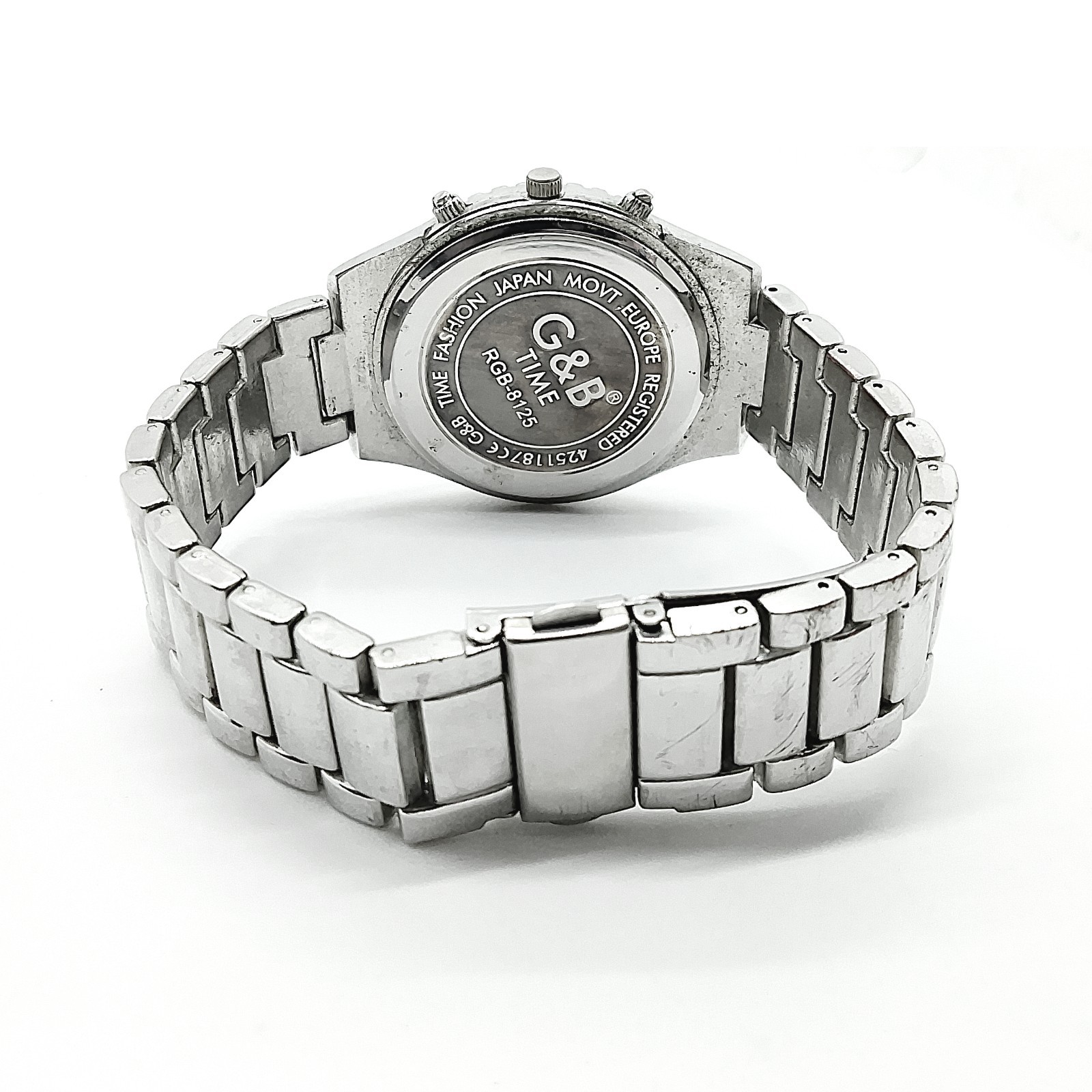 G & B Time Mens Watch Silver Tone Bracelet Folding Clasp Japan Movement