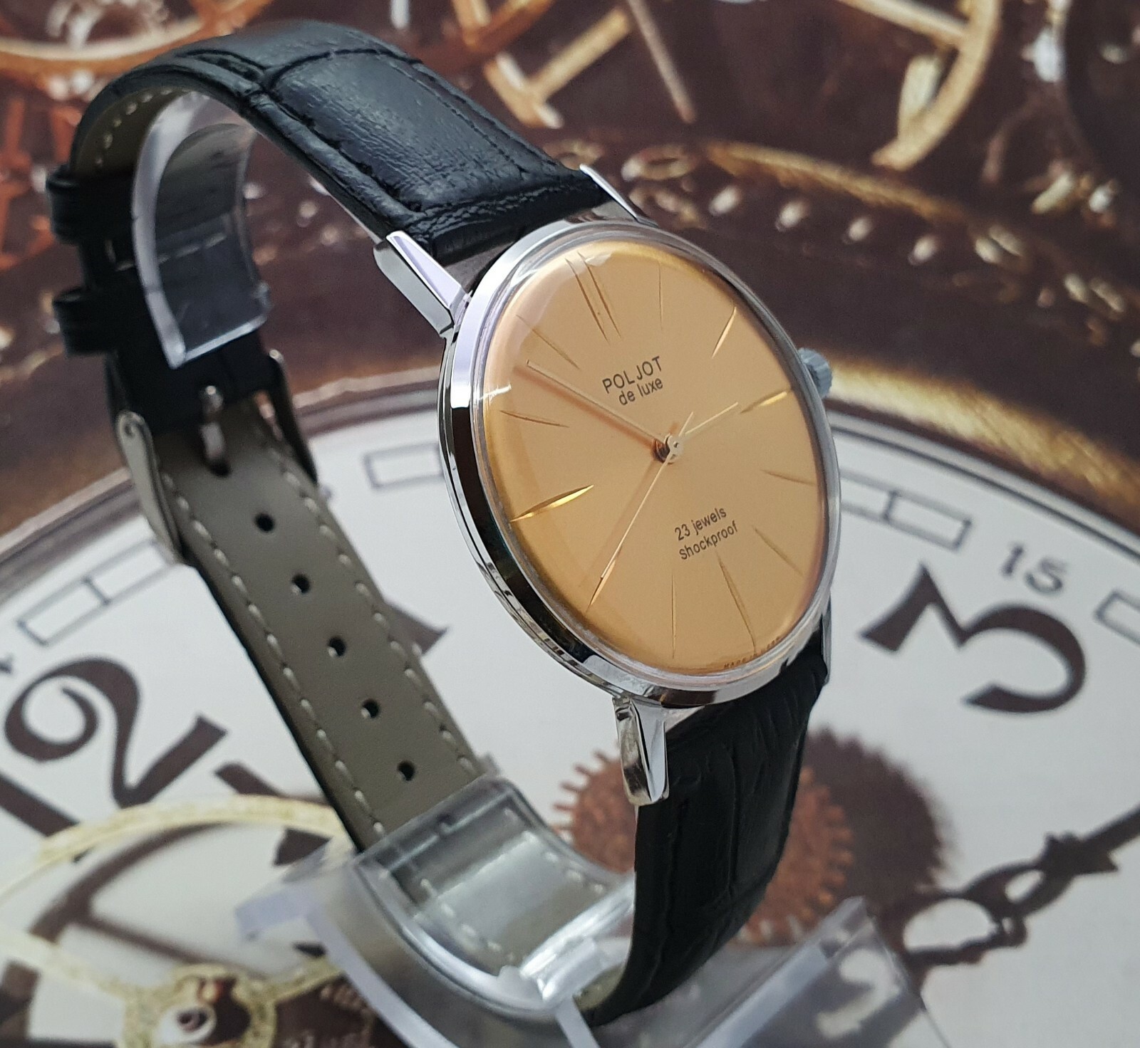 Poljot De Luxe ULTRA SLIM 2209 Gold Dial Mechanical Watch Vintage Style USSR