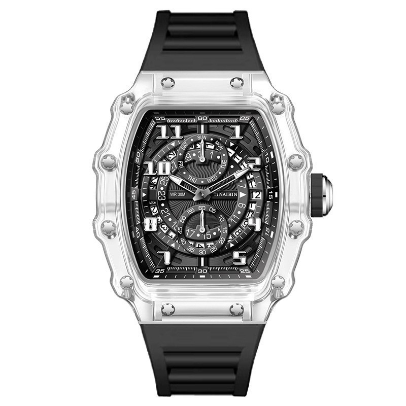 Fashion Luxury Barrel Shape Skeleton Watch Men’s Quartz Sport Watch Rubber Band