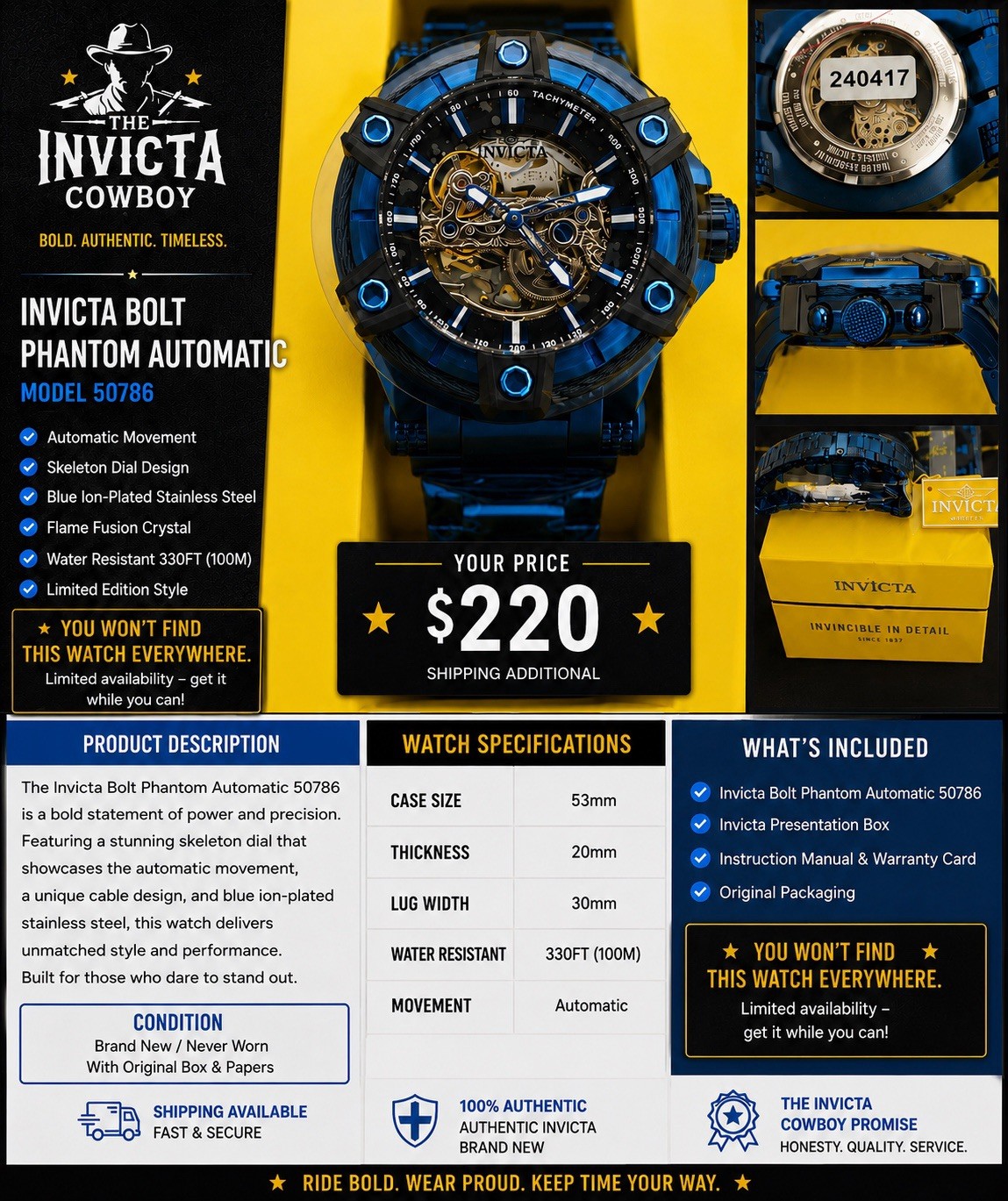 Invicta Bolt Phantom 53mm Automatic Skeleton Tachymeter Blue Steel 100M Box