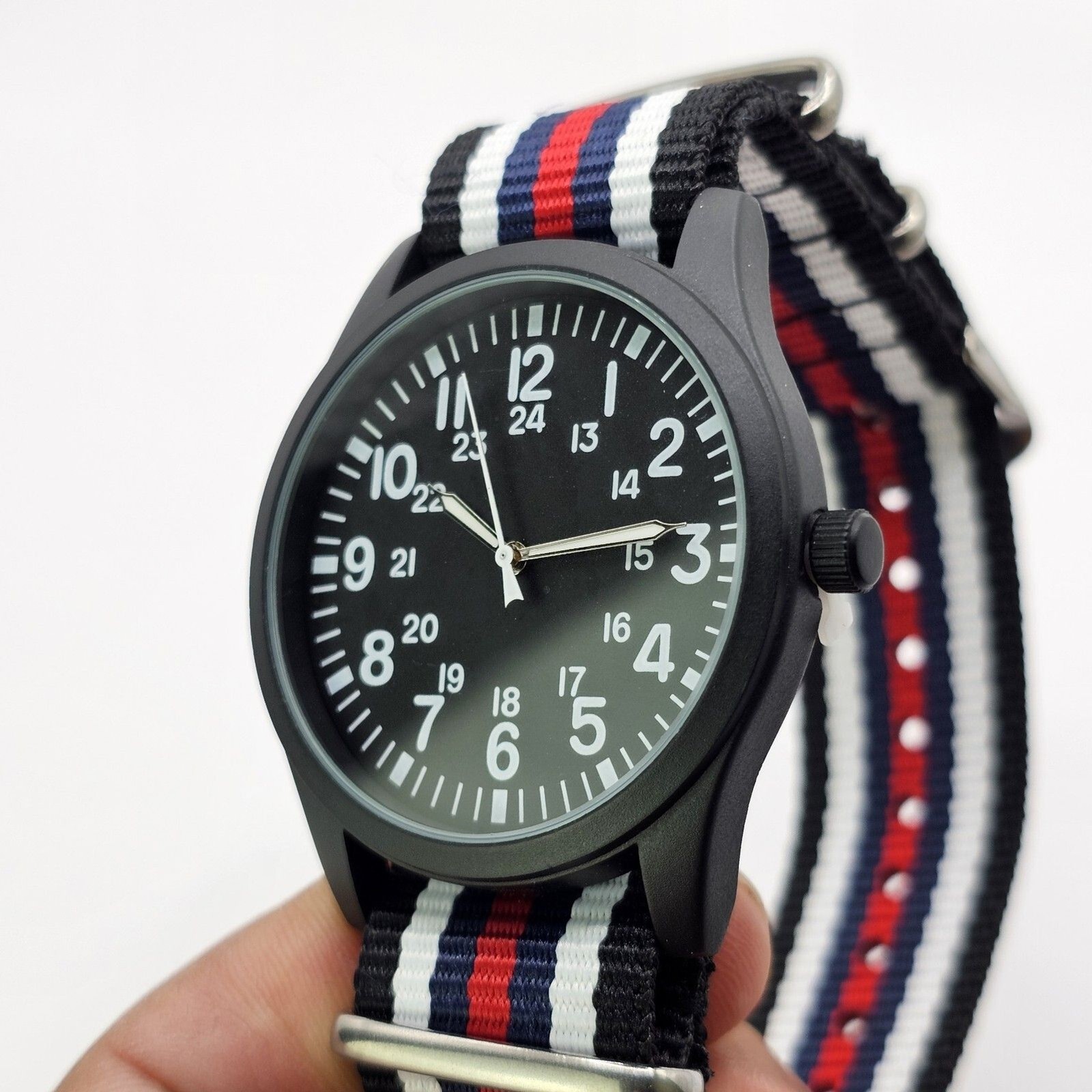 Men’s Military Field Watch 42MM Black Case Black Dial Multicolor Canvas Band