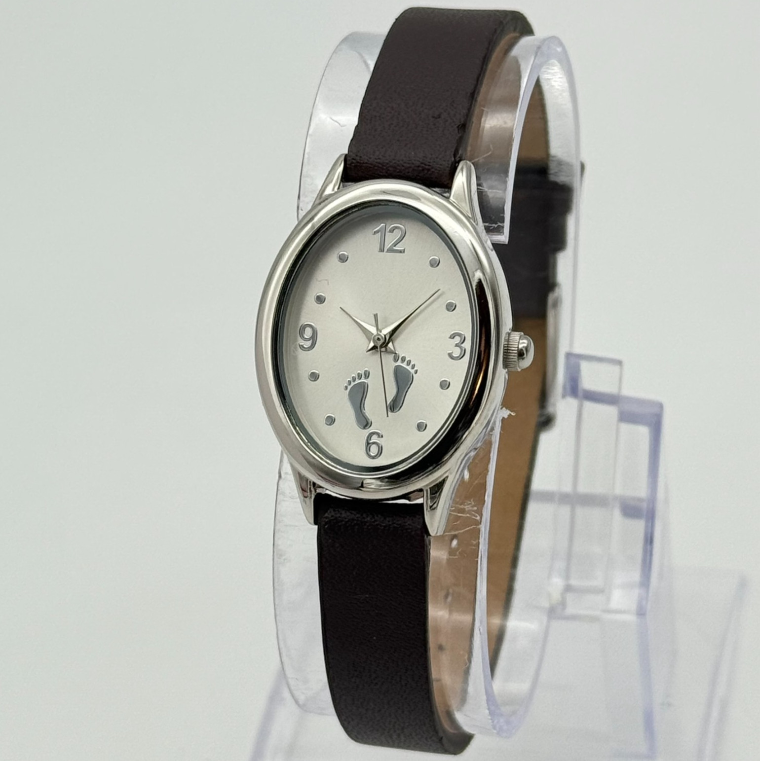 Women’s Footprints in the Sand Proverb Silver Tone Christian Watch Brown Leather