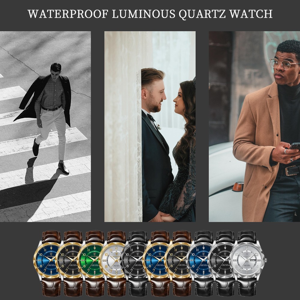 Mens Calendar Watch Quartz Wristwatch Man Leather Watches Waterproof Luminous