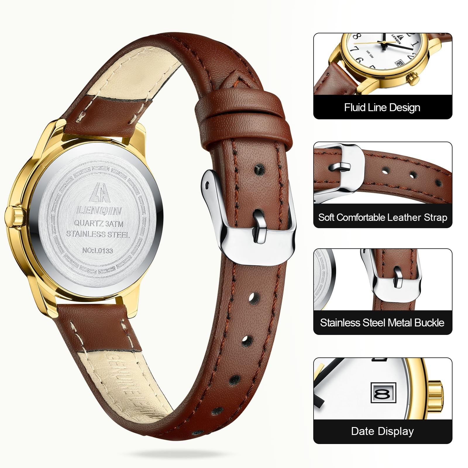 Women’s Analog Quartz Watch Dark Brown Leather Strap Easy Reader White 30mm 3ATM