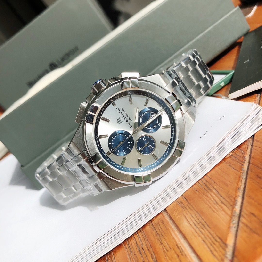 Maurice Lacroix AIKON Chronograph Silver Blue Dial 44mm Swiss Quartz Watch