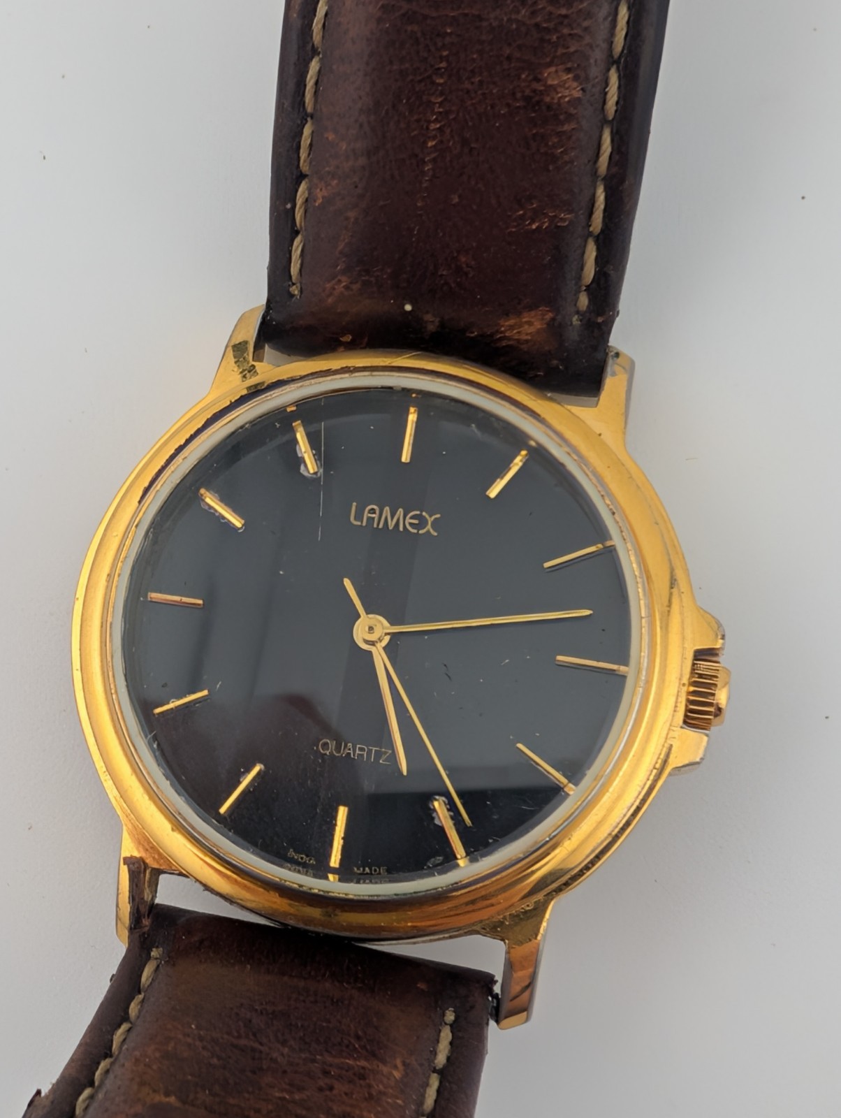 Lamex India 18k Gold Electroplated Watch Men 32mm Case Leather Band- New Battery