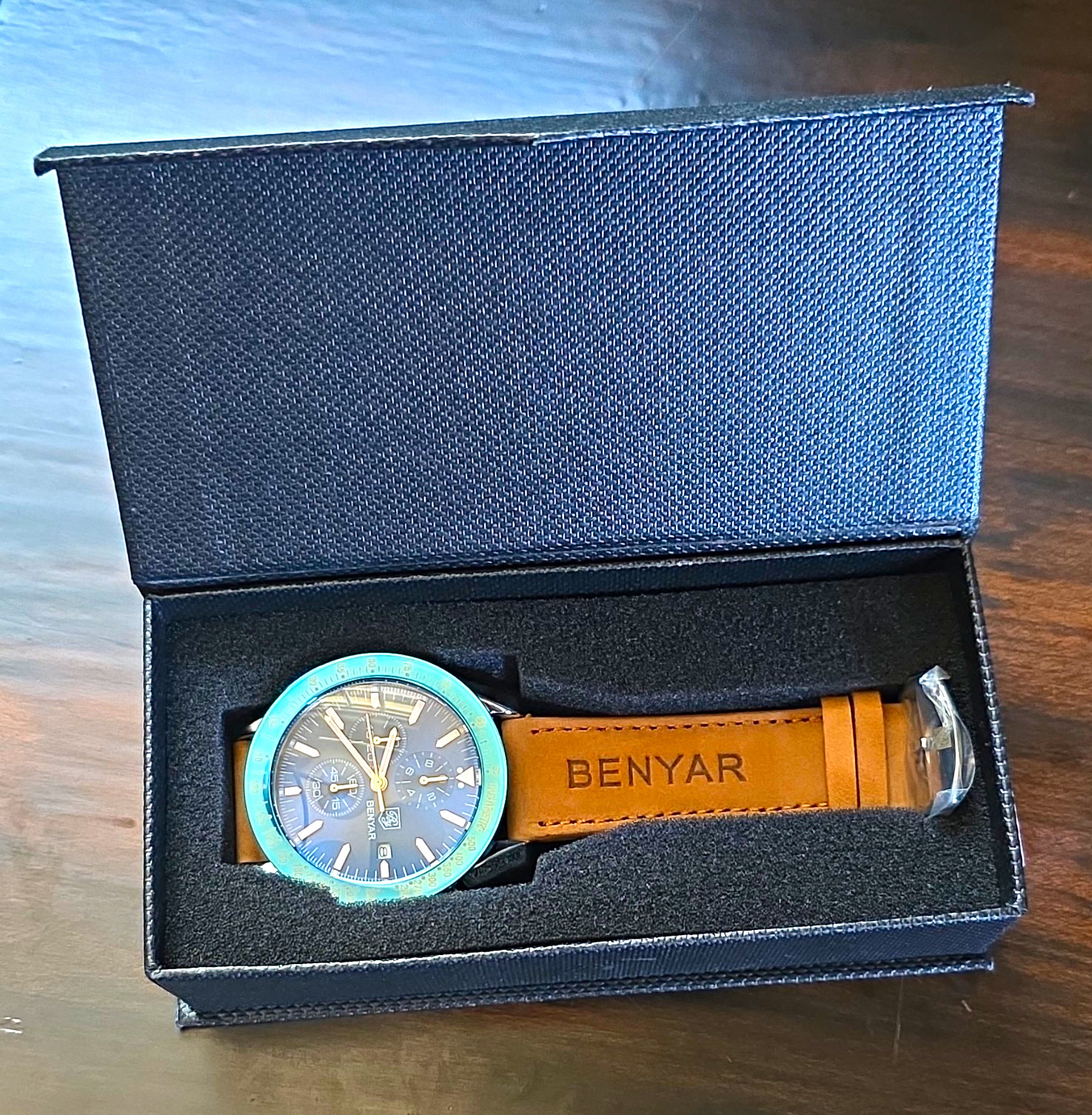 BENYAR Men’s Blue Dial Chronograph Quartz Date 44mm Brown Leather Strap Box