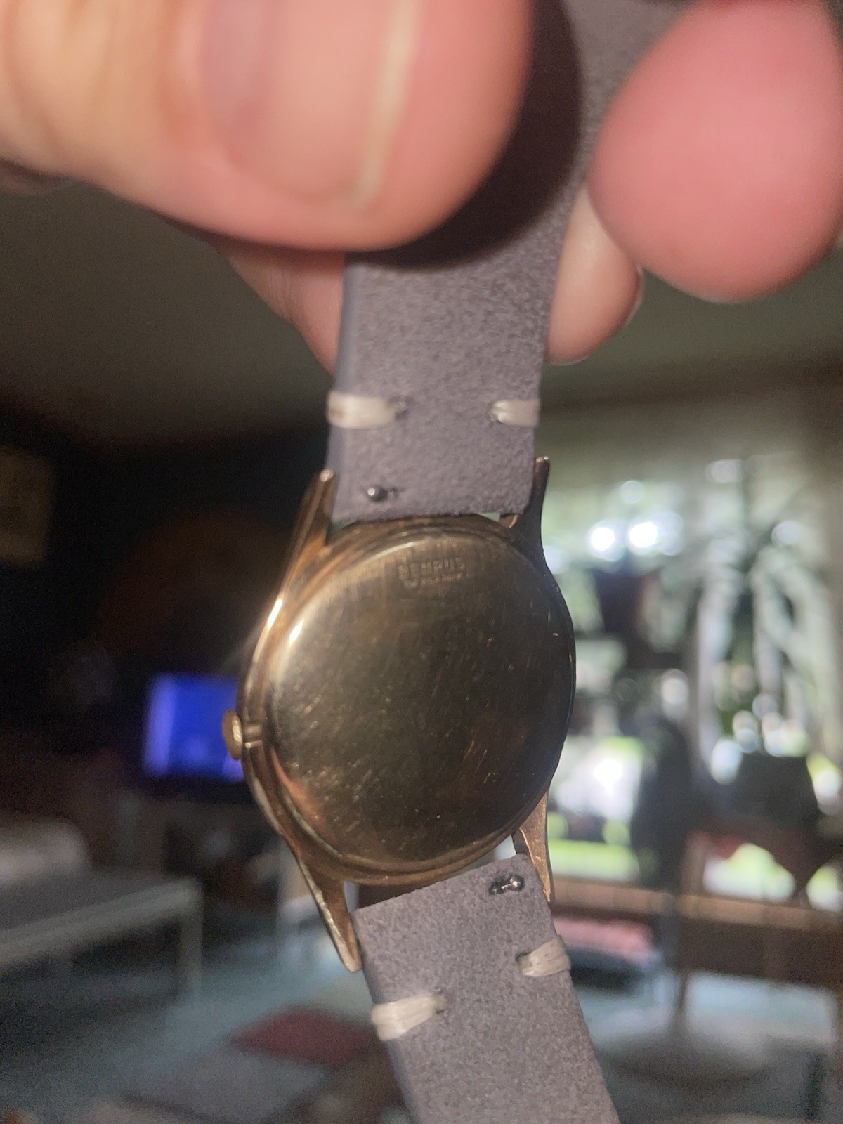 Benrus Manual Wind Dress Watch Gold Plated Silver Dial Gray Leather 32-35.9mm