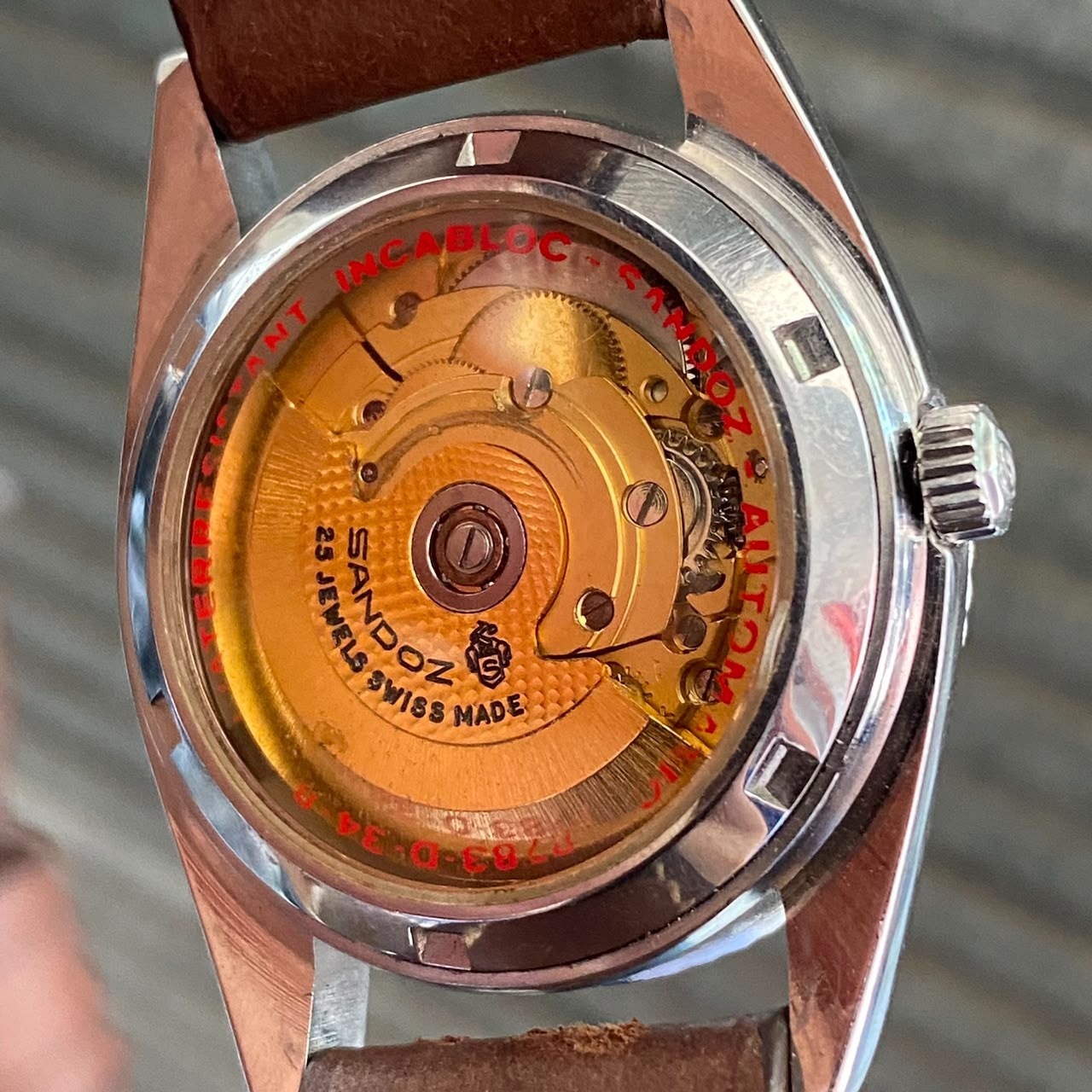 Rare Sandoz President Automatic ETA Swiss Day Date Silver Dial Watch Leather Men