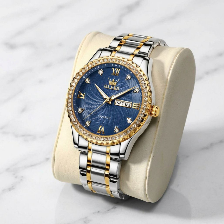 Men Luxury Blue Dial Business Watch Stainless Jewel Bezel Analog Date Wristwatch