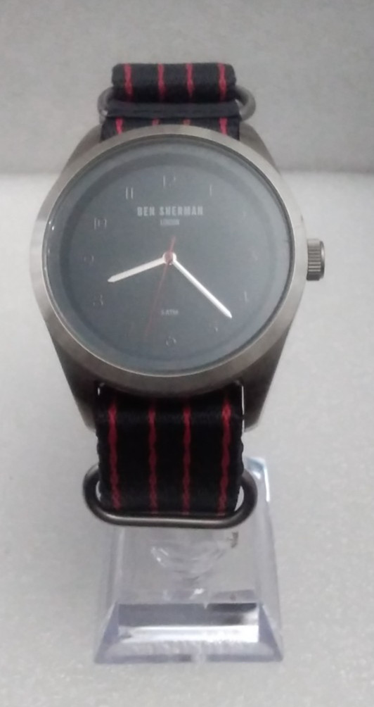 RARE Ben Sherman Men Watch WB010U Pinstripe Canvas & Leather Military Cuff Strap