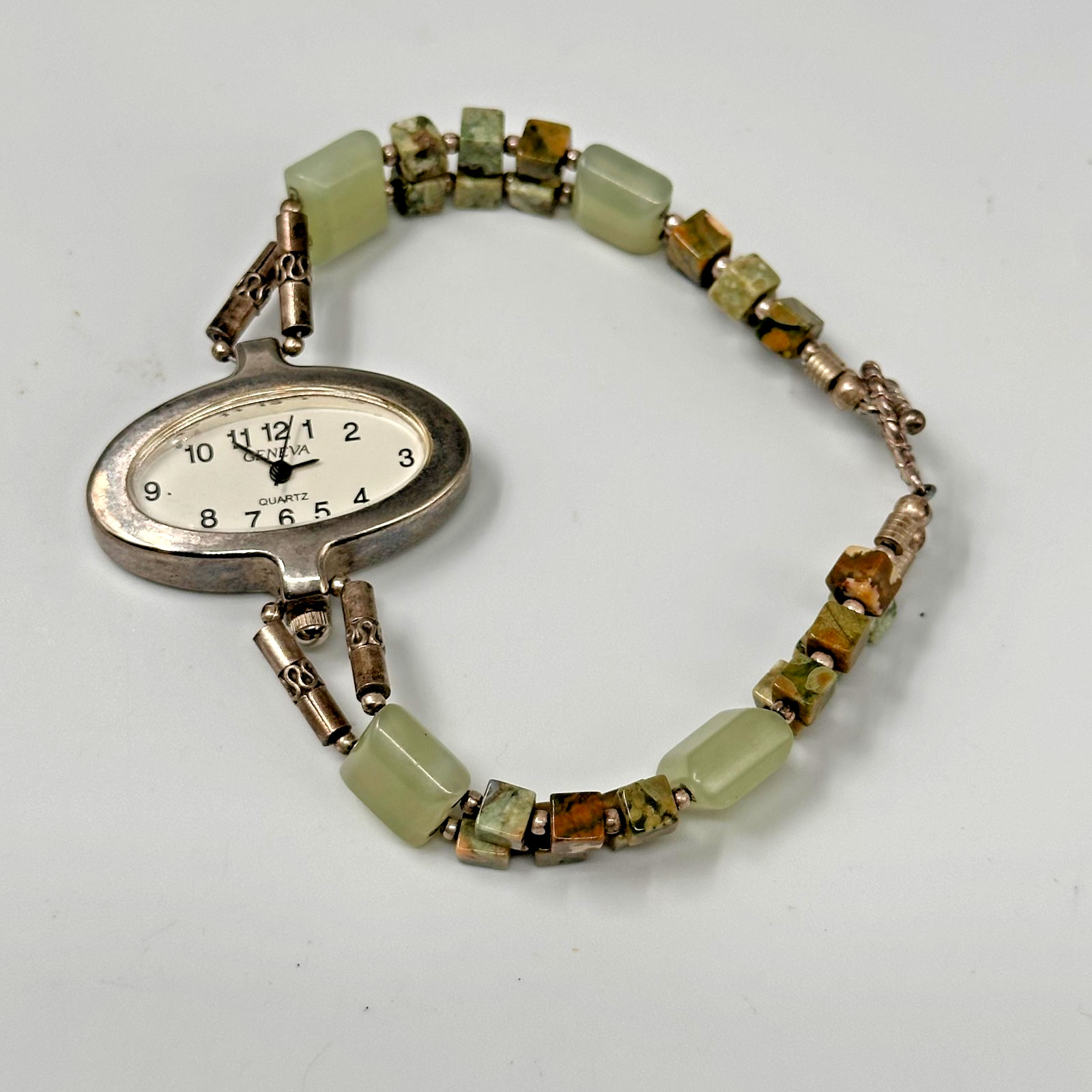 Geneva Watch Women Silver Tone Unakite Beaded Band Sterling Clasp New Battery