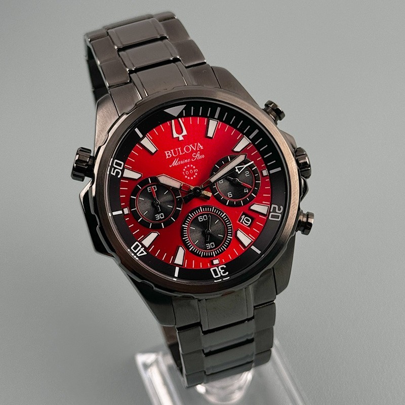 Bulova Marine Star 98B350 Chronograph Men’s Quartz Watch Red Dial 43mm