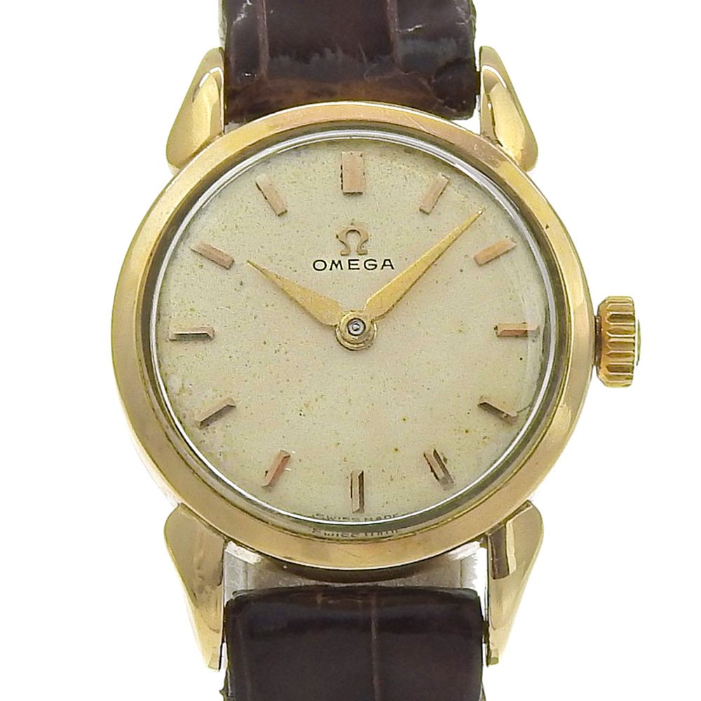 OMEGA Watches Cal.244 IvoryDial Plated Gold/Embossed Leather Hand Winding …