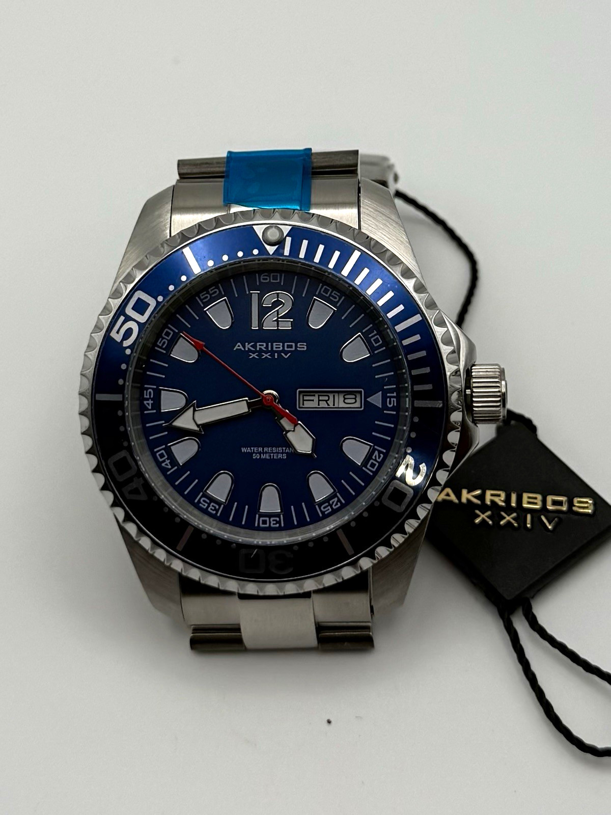 Akribos XXIV Mens Quartz Blue Dial Day/Date Diver 50m SS Bracelet 47mm