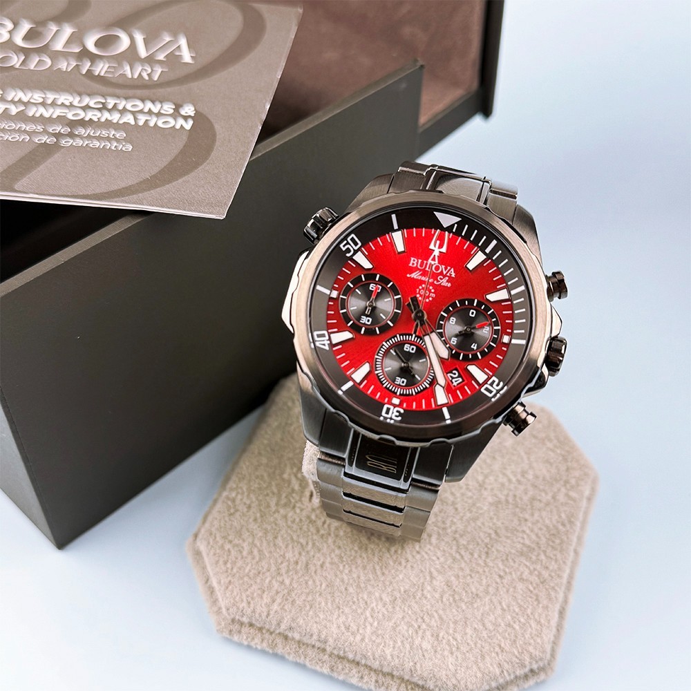 Men’s Bulova 98B350 Marine Star Chronograph Red Dial Quartz Watch 43mm