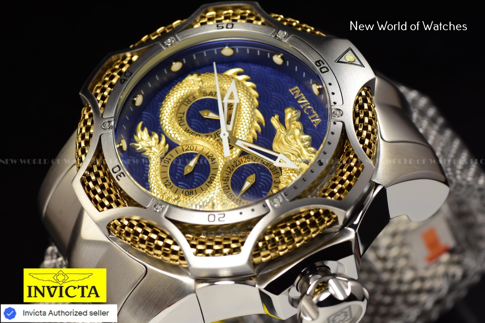 New Invicta Venom Draconis 53mm Golden Predator Silver Tone Mesh SS Chrono Watch
