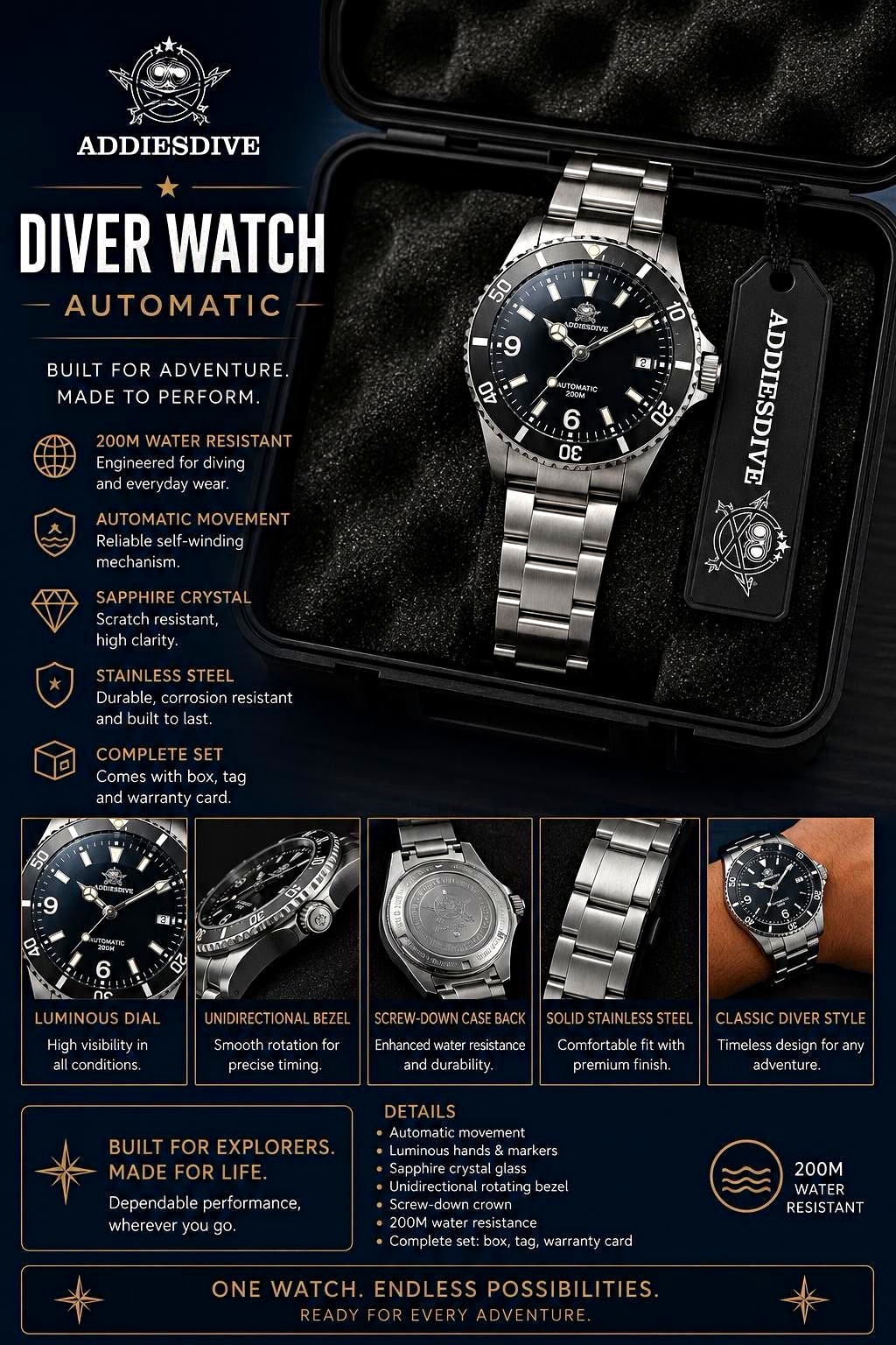 Addiesdive AD2061 Automatic Diver Watch 200m Black Dial SS