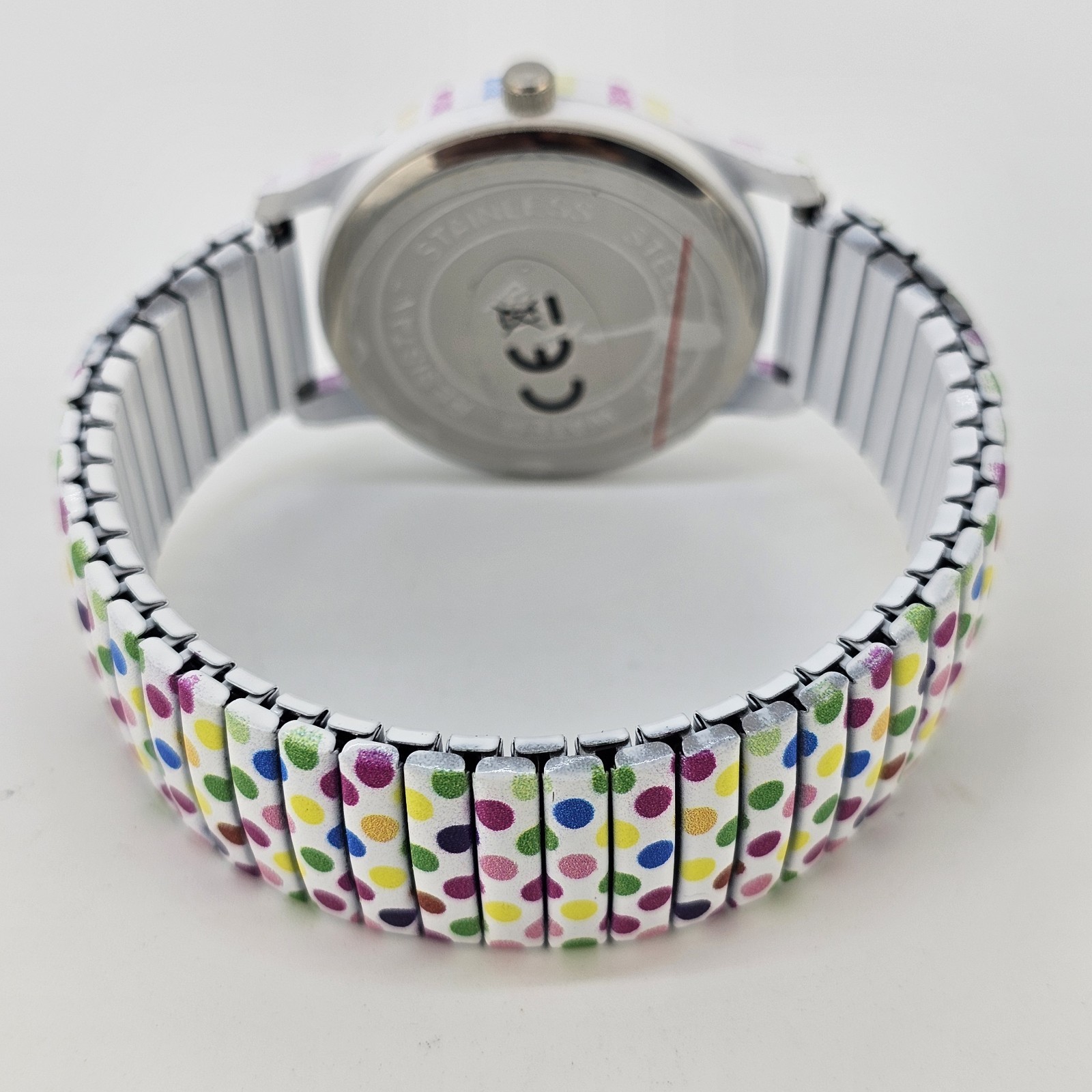 36MM Women’s Watch White Dial Polka Multicolor Strech Band 6.5″ New Battery