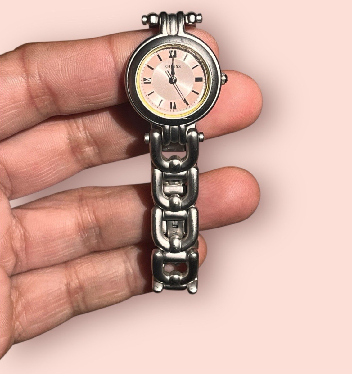 Vtg Guess Women Working Watch Pink Brushed Silver Chain Fold Over Clasp 6.75″