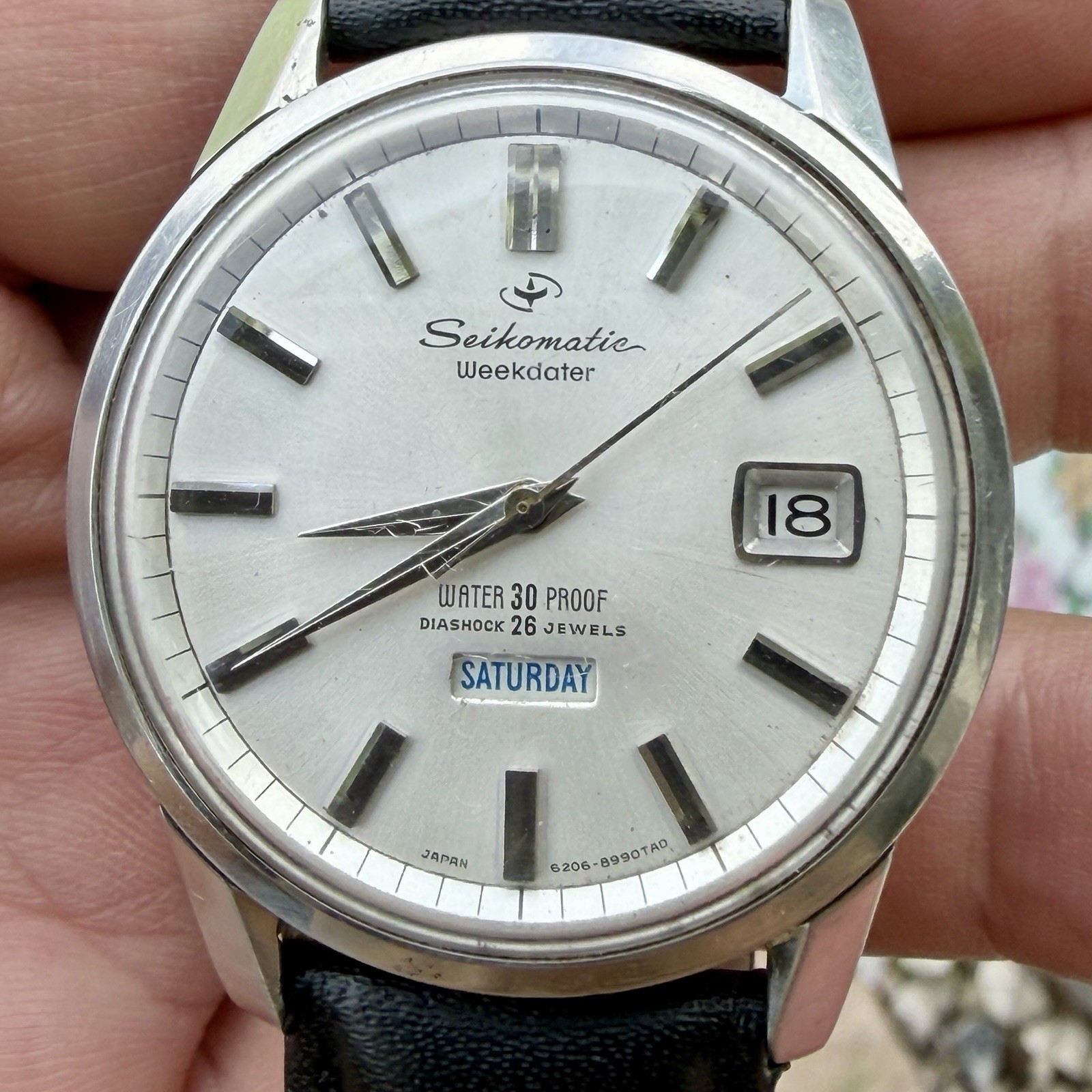 VTG! Seikomatic Weekdater Day Date Diashock 26 Jewels 6206-8990 Stainless Steel