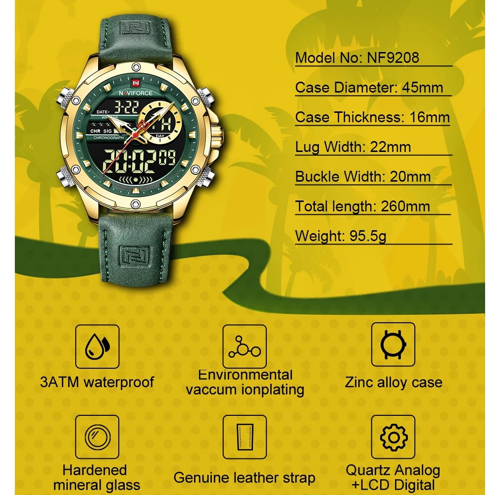 NAVIFORCE Men Digital Watch Chronograph Quartz Wristwatch LED Alarm Sport Watch