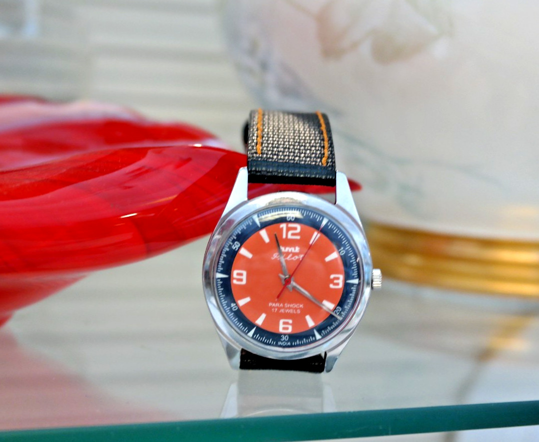HMT Pilot Mechanical Watch Salmon/Blue Arabic & Baton Dial 17 Jewels Para Shock