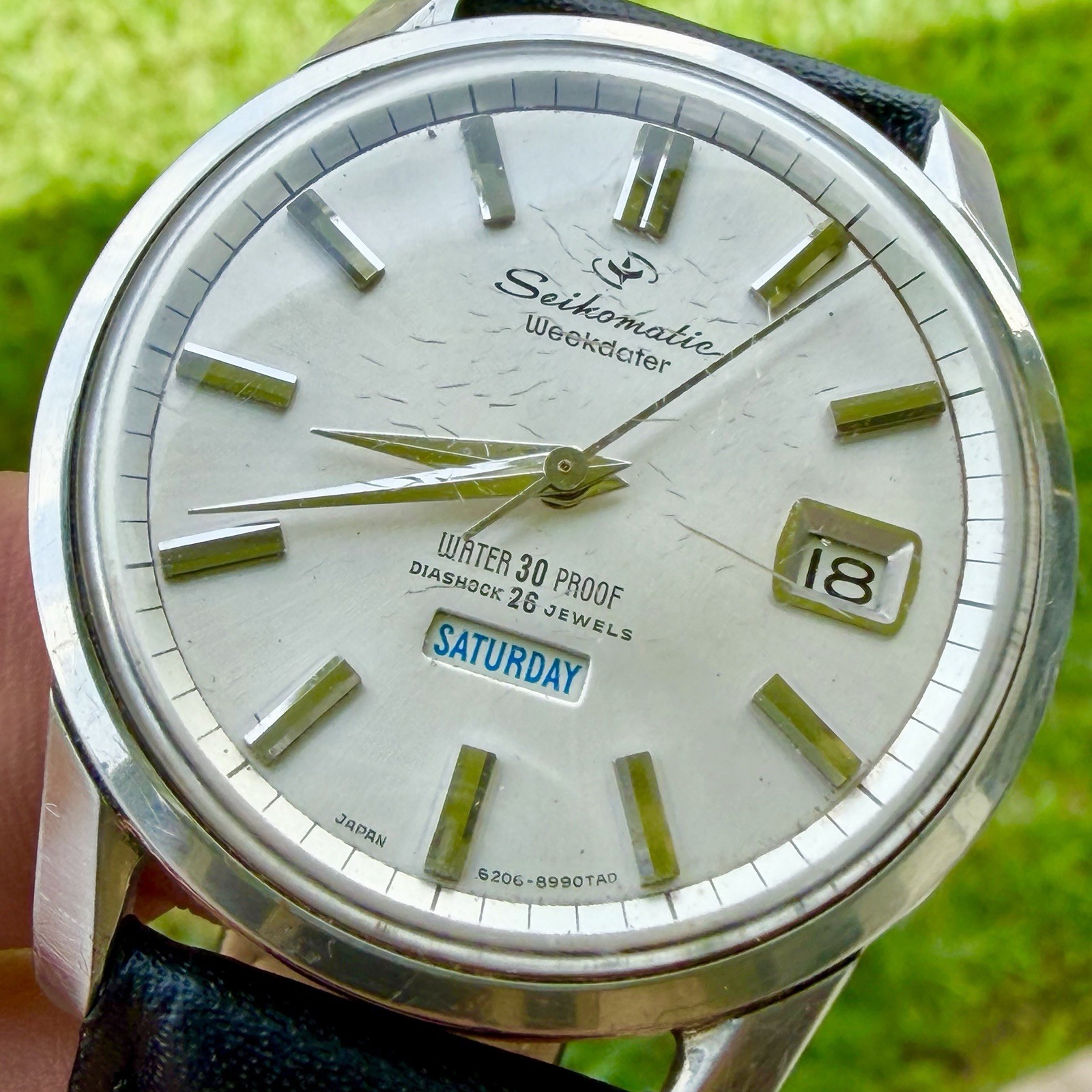 VTG! Seikomatic Weekdater Day Date Diashock 26 Jewels 6206-8990 Stainless Steel