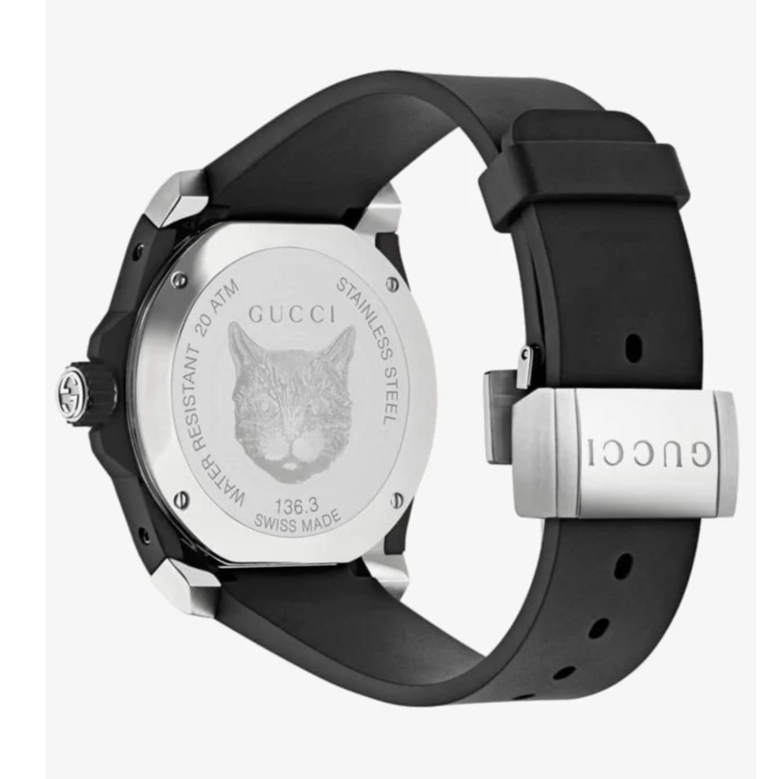 Gucci Dive Mystic Cat Black Rubber Strap Watch YA136320