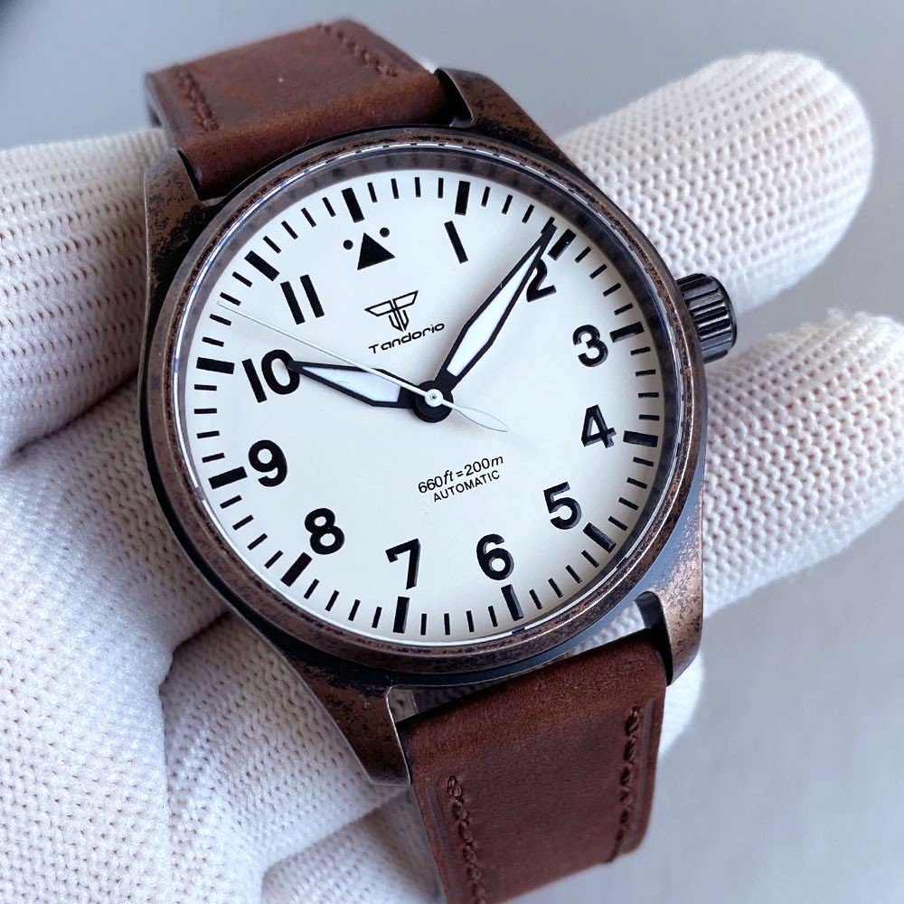 PVD Bronze 39mm Tandorio Retro Pilot NH35 Miyota Automatic Mechanical Men Watch