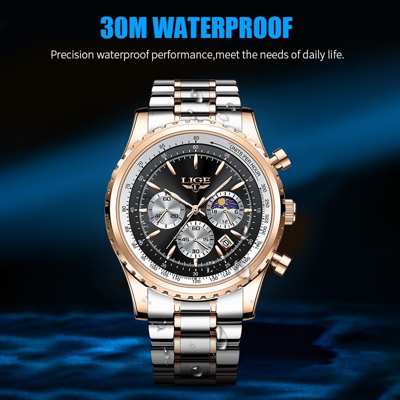 LIGE Men Watch Quartz Luminous Calendar 3ATM Waterproof Daily Casual Wristwatch
