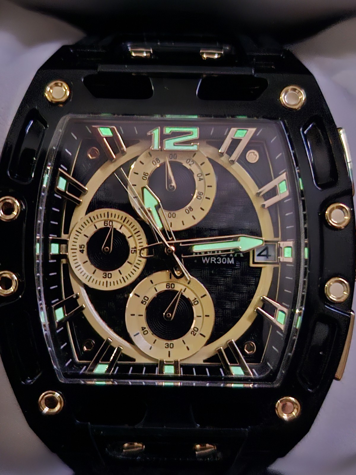Invicta 70148 Men’s Quartz Chronograph Date 30m Tonneau Black/Gold Silicone