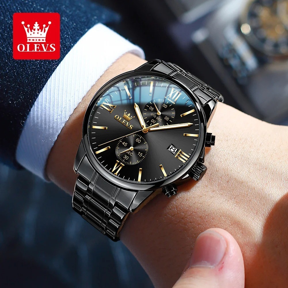 OLEVS 2886 Classic Black Quartz Watch for Men Elegant Chronograph Auto Date Cloc