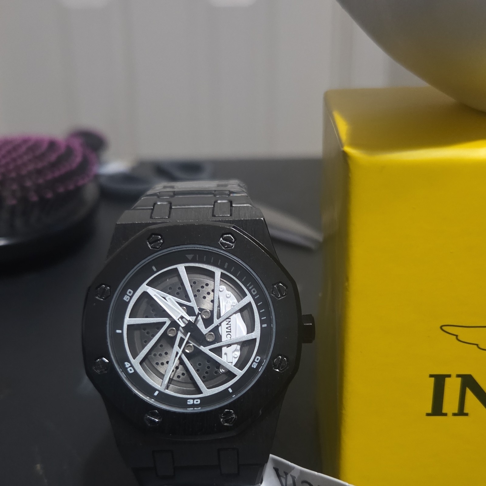 Invicta Men’s Skeleton Dial Quartz Black Stainless Steel Octagon Watch w/ Box