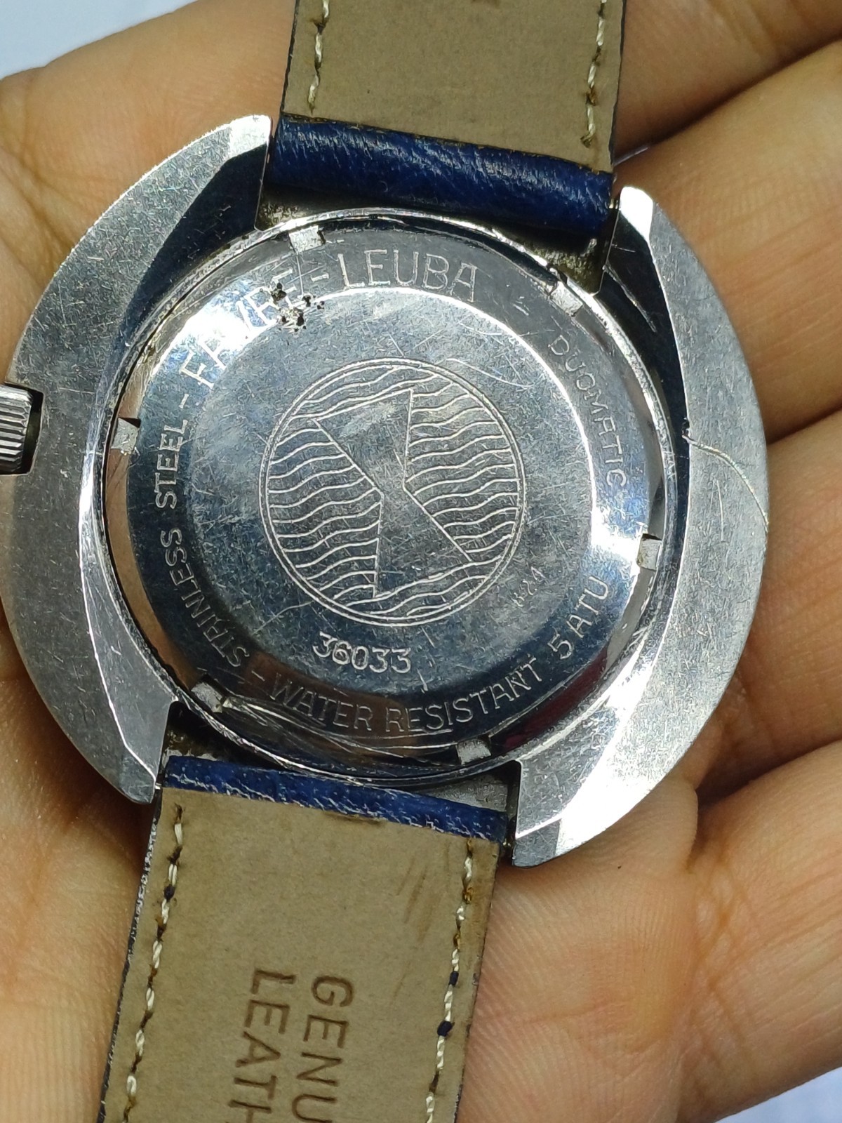 RARE FAVRE LEUBA 36000 HIGH BEAT UFO DUOMATIC MENS BLUE AUTOMATIC WATCH 45MM 21J
