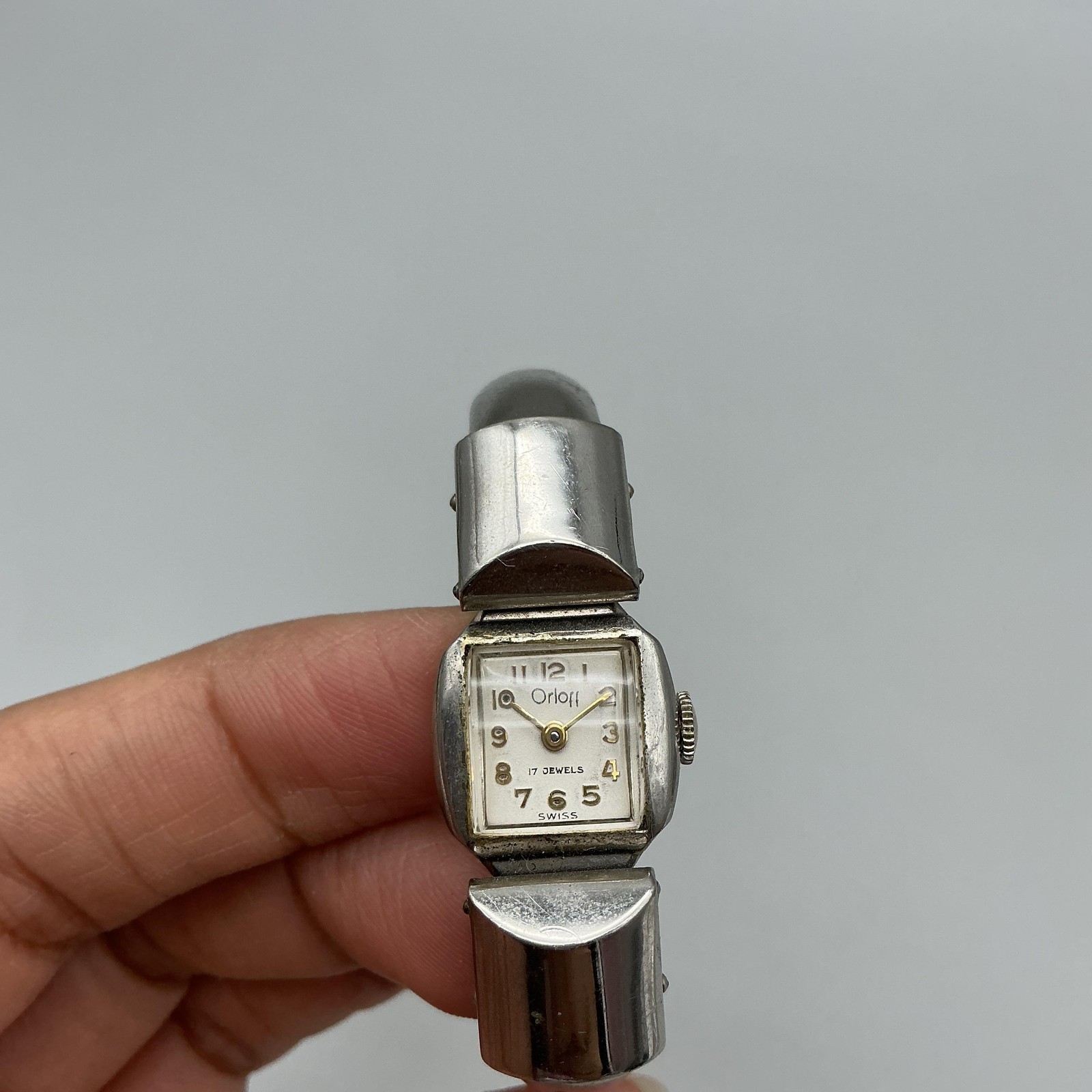 Vintage Orloff Women Watch 16mm White Dial Silver Tone Open Bangle Manual Swiss