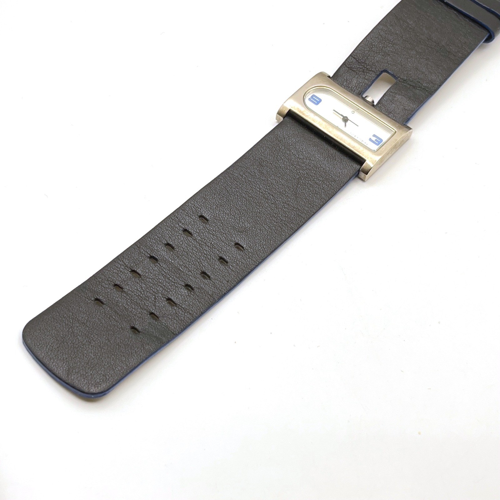 TOKYObay Rectangular Watch Black Leather Wide Strap Blue Accents Brushed Silver