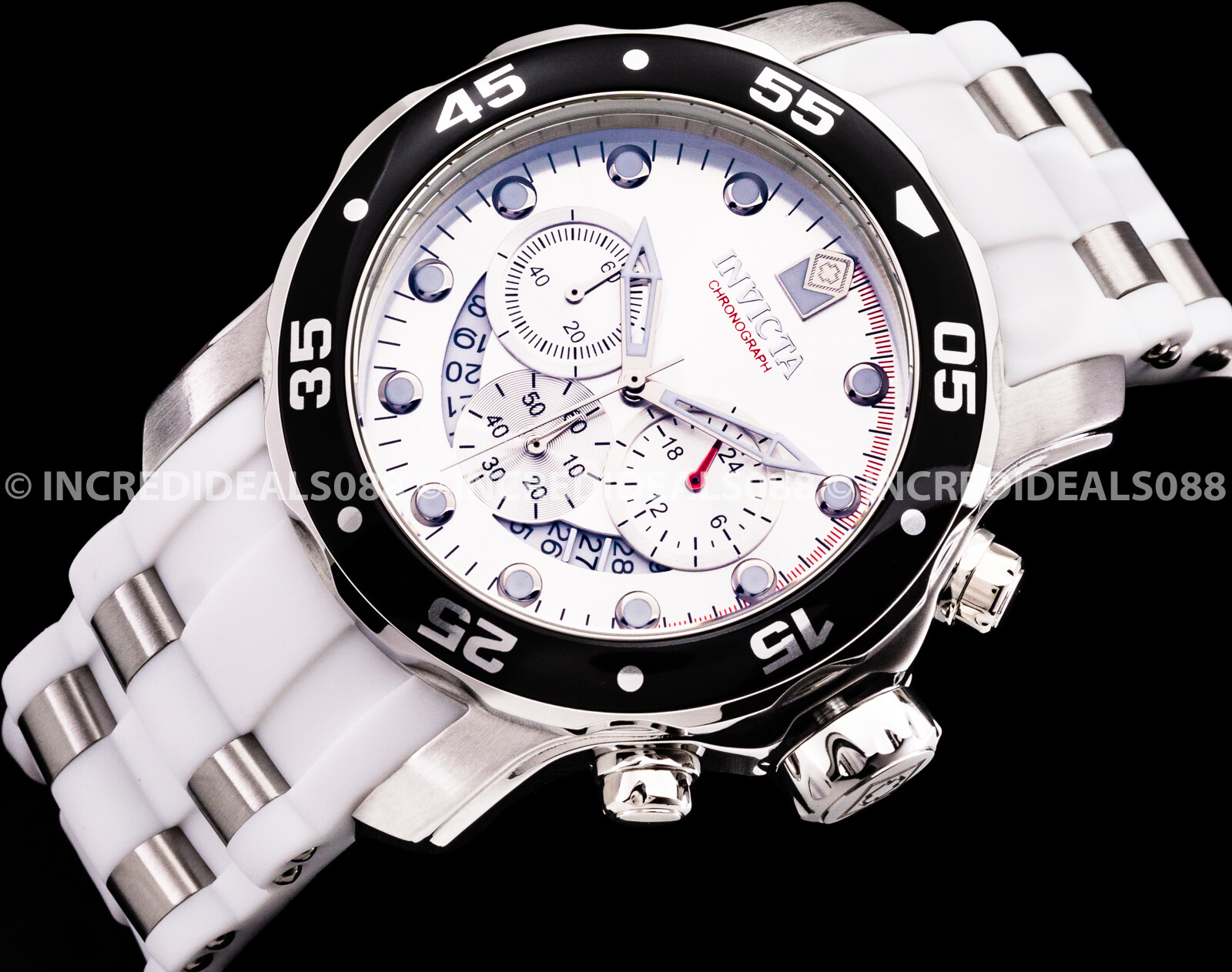 Invicta Mens PRO DIVER SCUBA Chronograph Black Silver Dial White Strap Watch