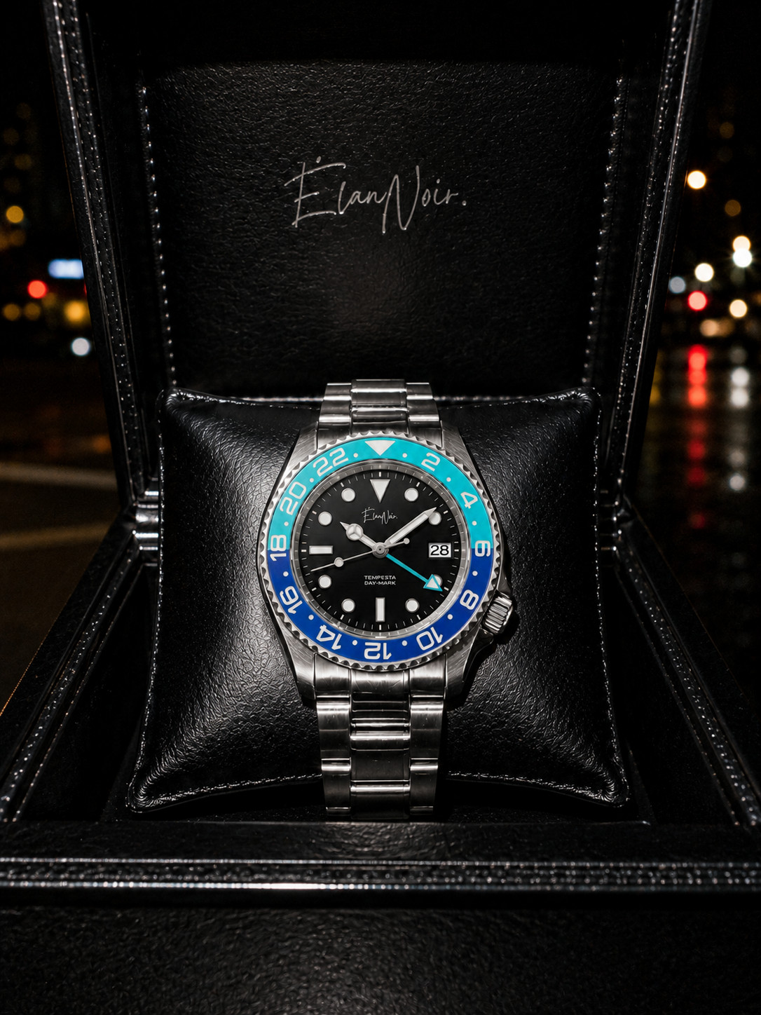 Élan Noir Tempesta Exhibition GMT Watch 41mm Steel Silver, Black & Blue NH35
