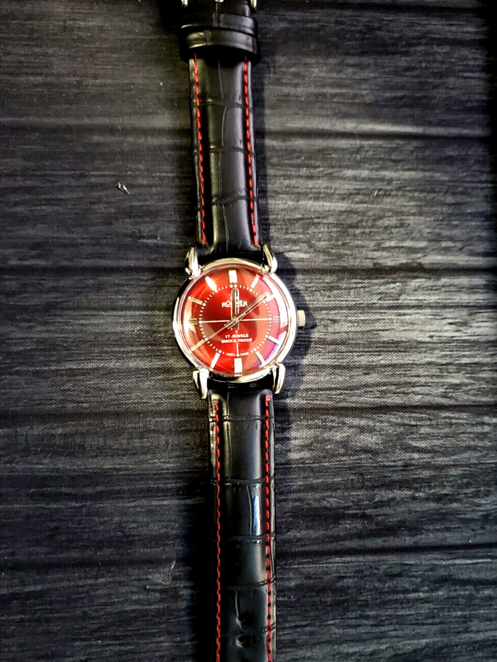 Rare Roamer Brevete Swiss Mens Manual Watch Slv Red Blk✨