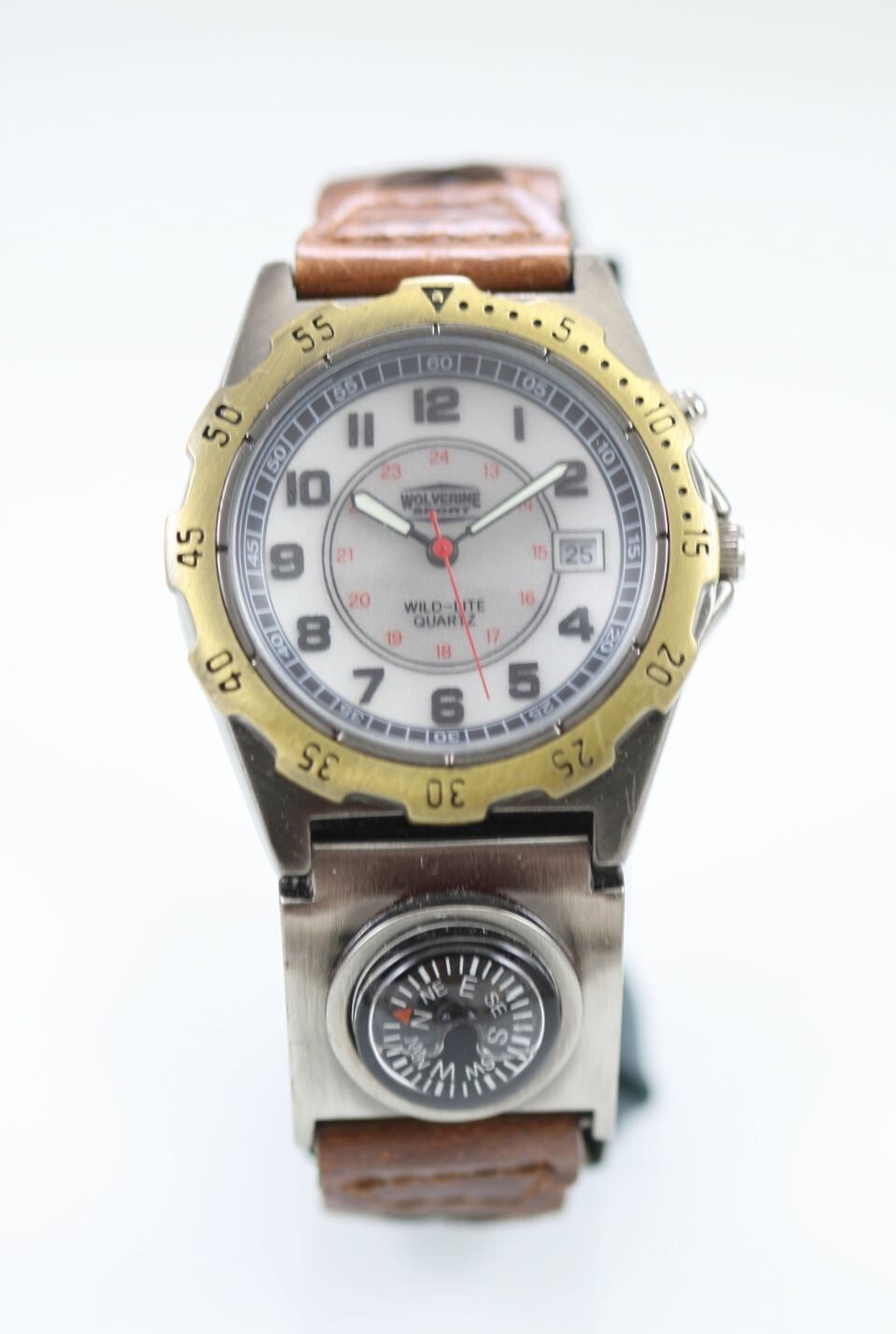 Wolverine Men Watch Silver Gold Stainless Leather Brown Light Date White Quartz