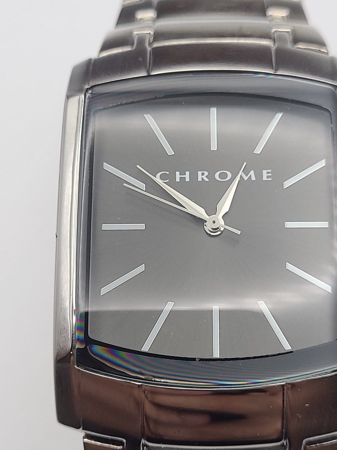 Chrome Men’s Watch Silver Tone Black Dial Stainless Steel New Battery Working