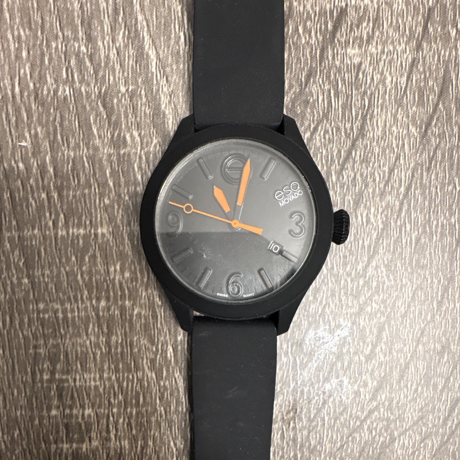ESQ Movado Quartz Analog Wristwatch Black Silicone Band Gray Dial Orange Hands